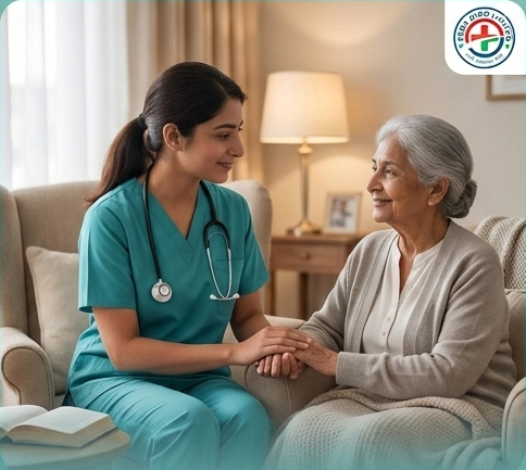 Caregiver offering companionship to an elderly woman