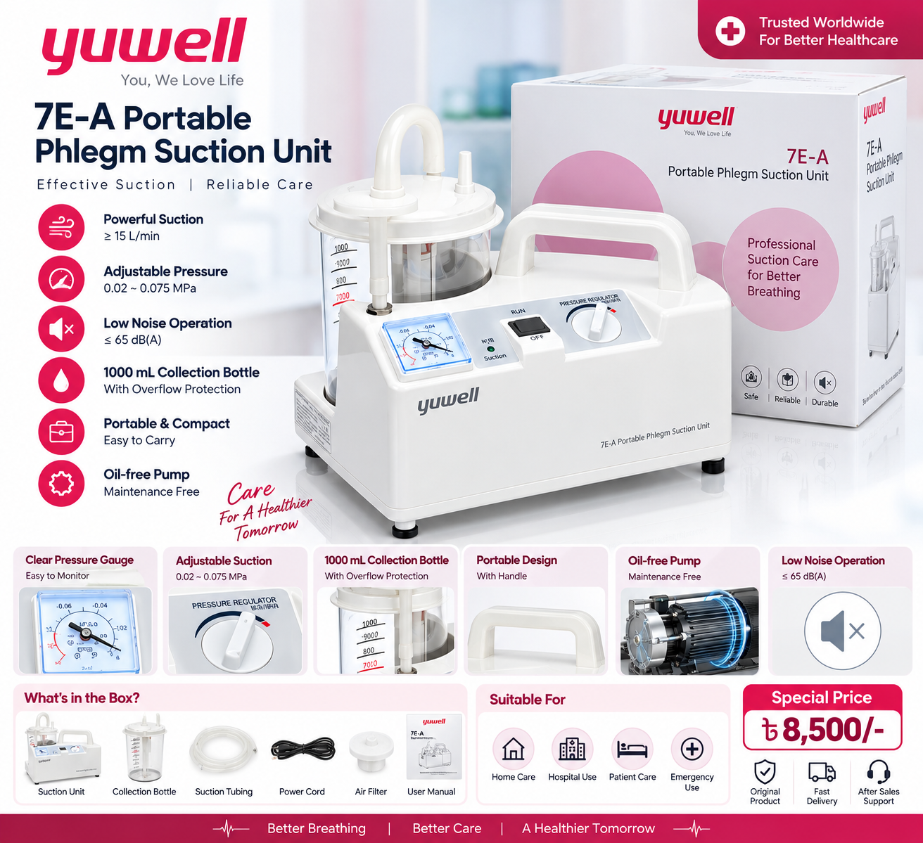 Yuwell 7E-A Portable Phlegm Suction Unit | Medical Electric Suction Machine - Image 2