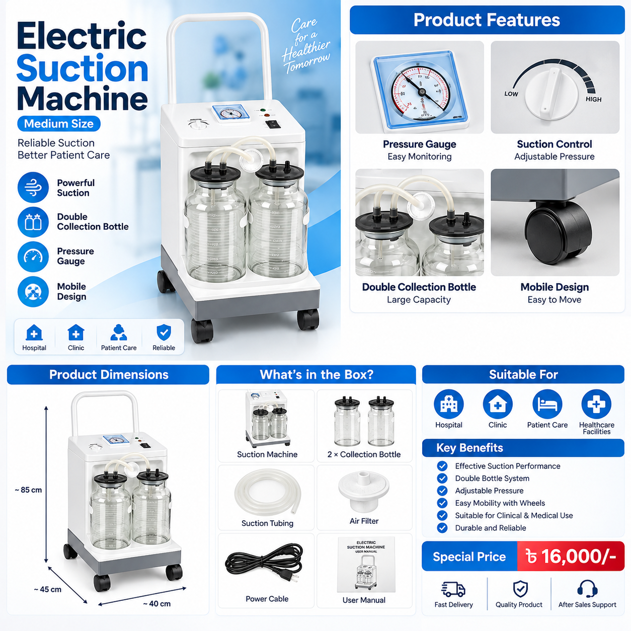 Electric Suction Machine with Double Collection Bottle | Mobile Medical Aspirator - Image 2
